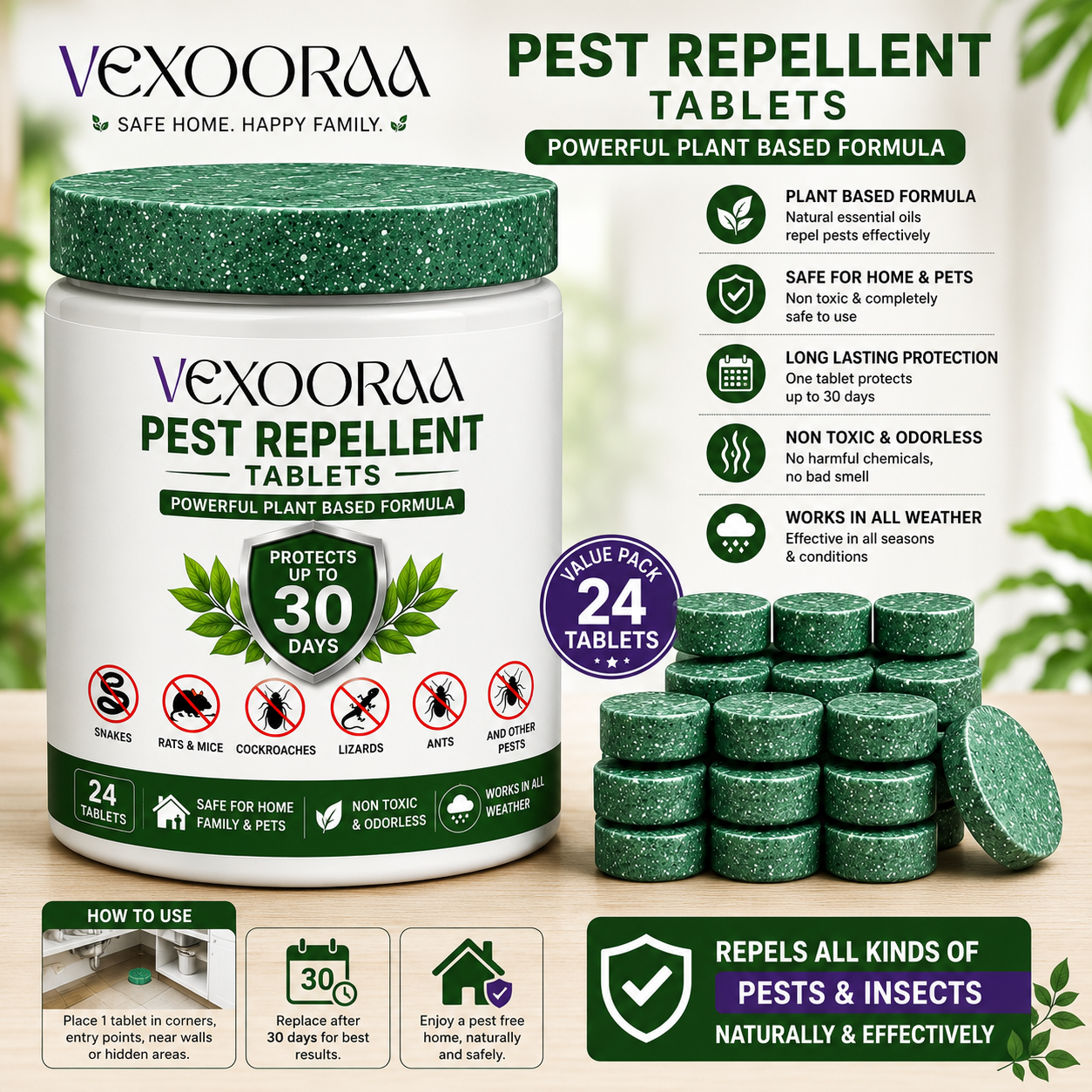🌿🛡️ VEXOORAA All-in-One Pest Repellent Tablets | Pack Of 2 | Repels Snakes, Rats, Cockroaches, Lizards & Insects | Plant-Based | 30 Days Protection | Safe for Home & Family | Pack of 24