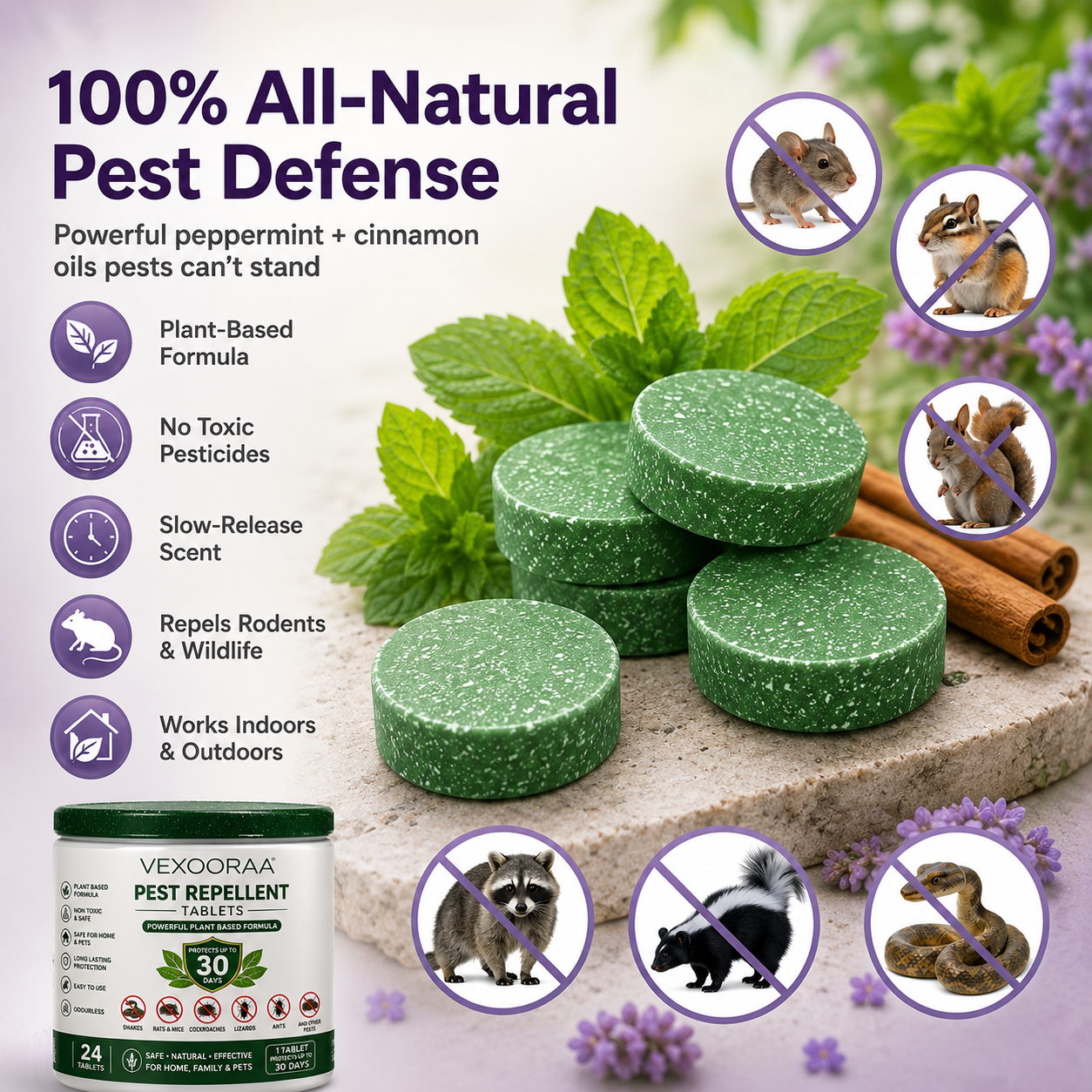 🌿🛡️ VEXOORAA All-in-One Pest Repellent Tablets | Pack Of 2 | Repels Snakes, Rats, Cockroaches, Lizards & Insects | Plant-Based | 30 Days Protection | Safe for Home & Family | Pack of 24