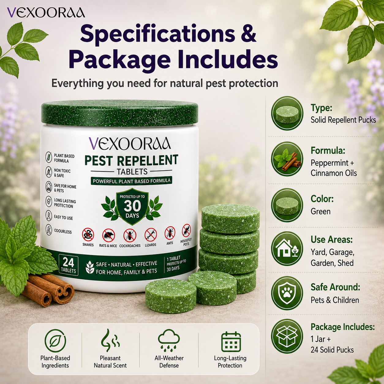 🌿🛡️ VEXOORAA All-in-One Pest Repellent Tablets | Pack Of 2 | Repels Snakes, Rats, Cockroaches, Lizards & Insects | Plant-Based | 30 Days Protection | Safe for Home & Family | Pack of 24