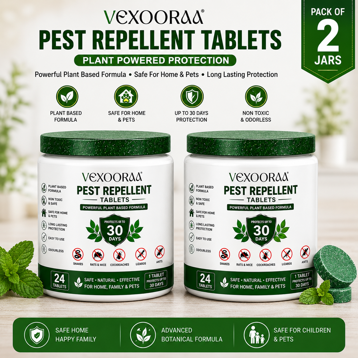 🌿🛡️ VEXOORAA All-in-One Pest Repellent Tablets | Pack Of 2 | Repels Snakes, Rats, Cockroaches, Lizards & Insects | Plant-Based | 30 Days Protection | Safe for Home & Family | Pack of 24